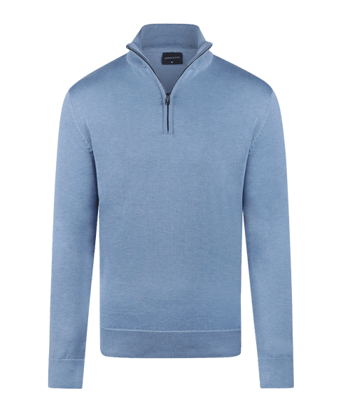 Lichtblauwe half-zip met geribde boorden