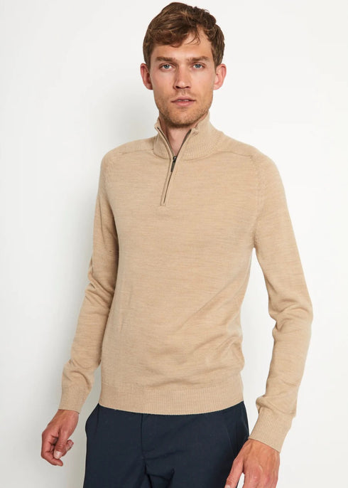 Beige Merino Crew half zip Pullover